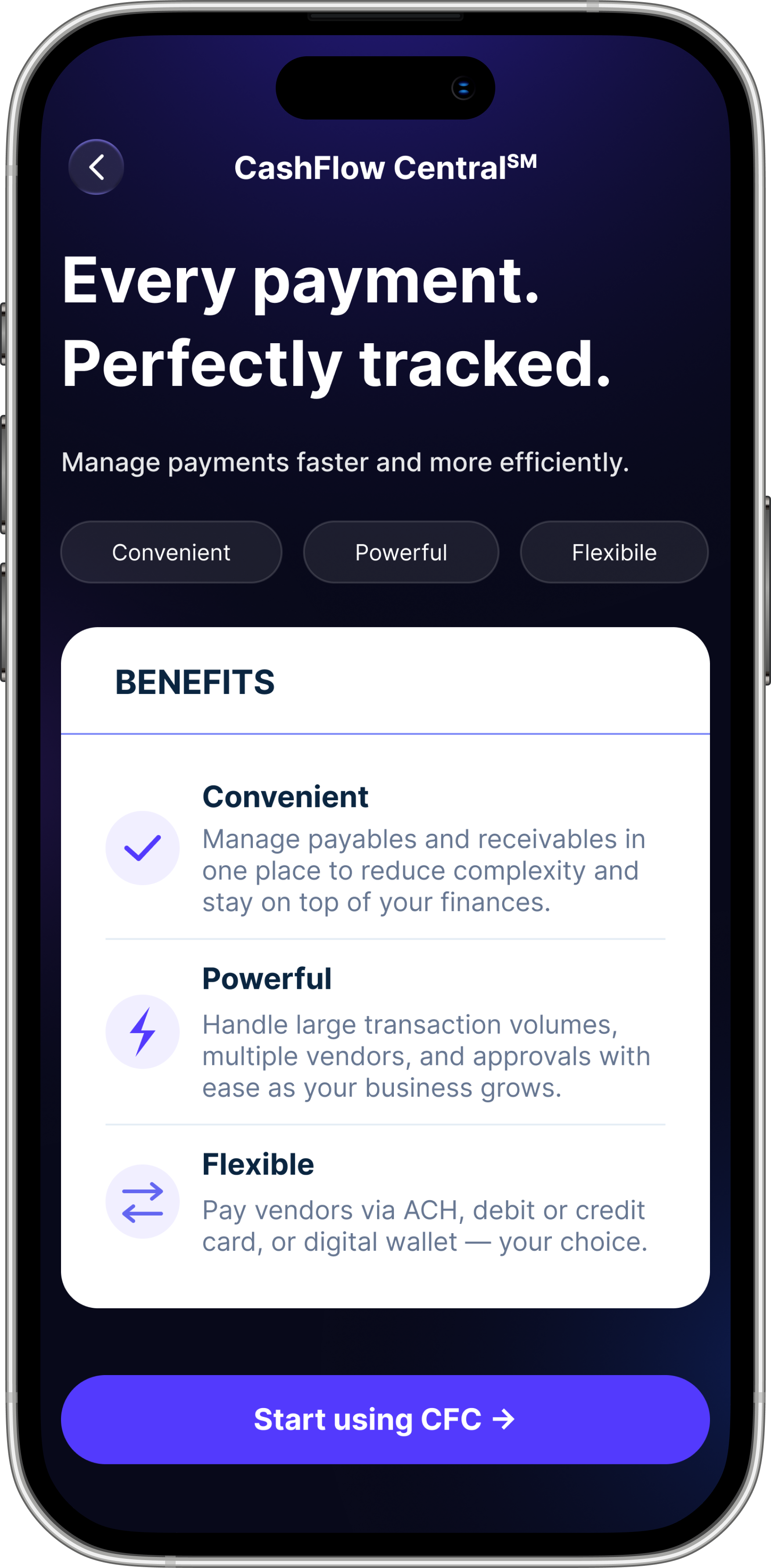 CashFlow Central benefits screen