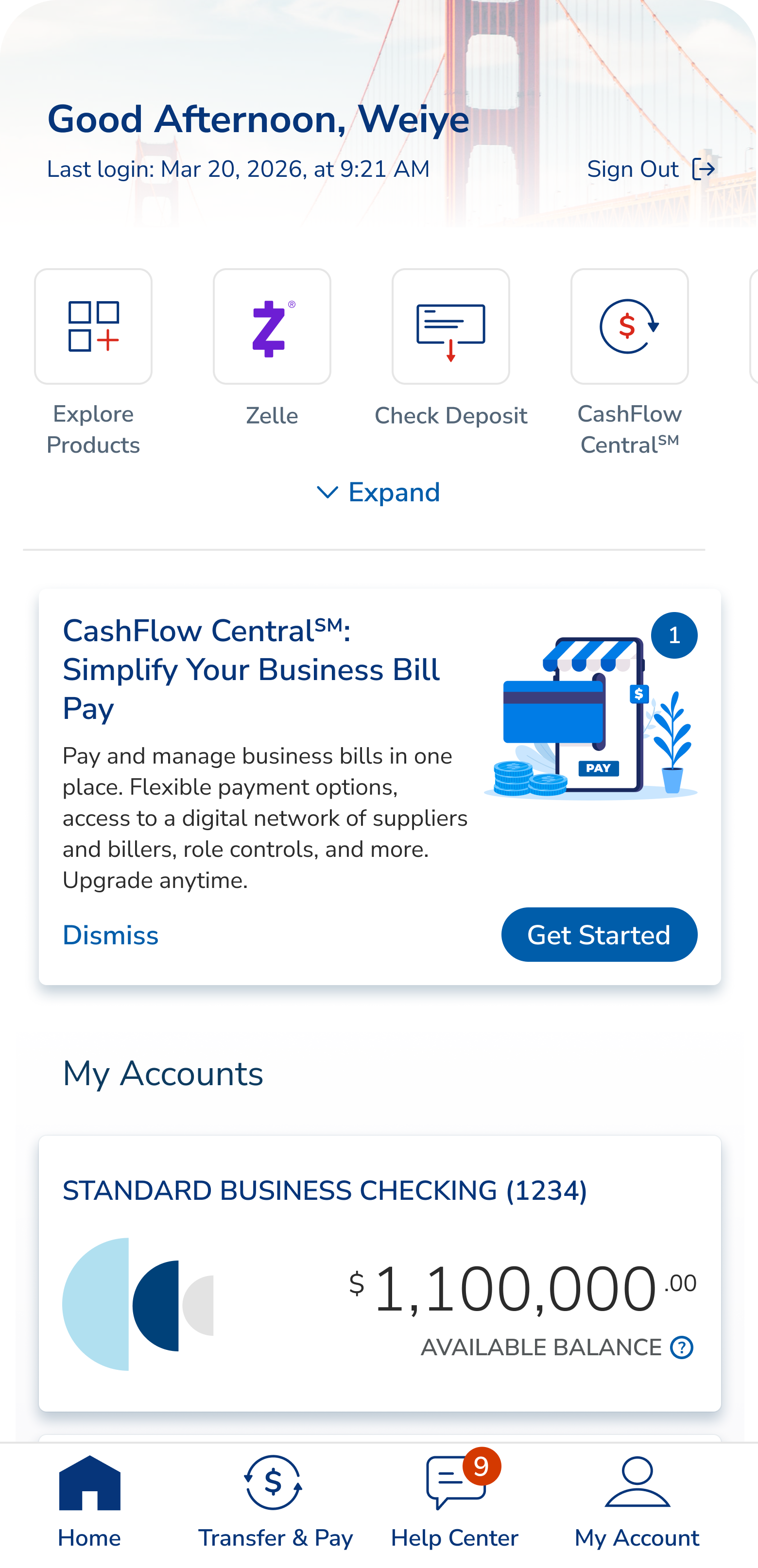 EWB Velo dashboard with CashFlow Central promo card