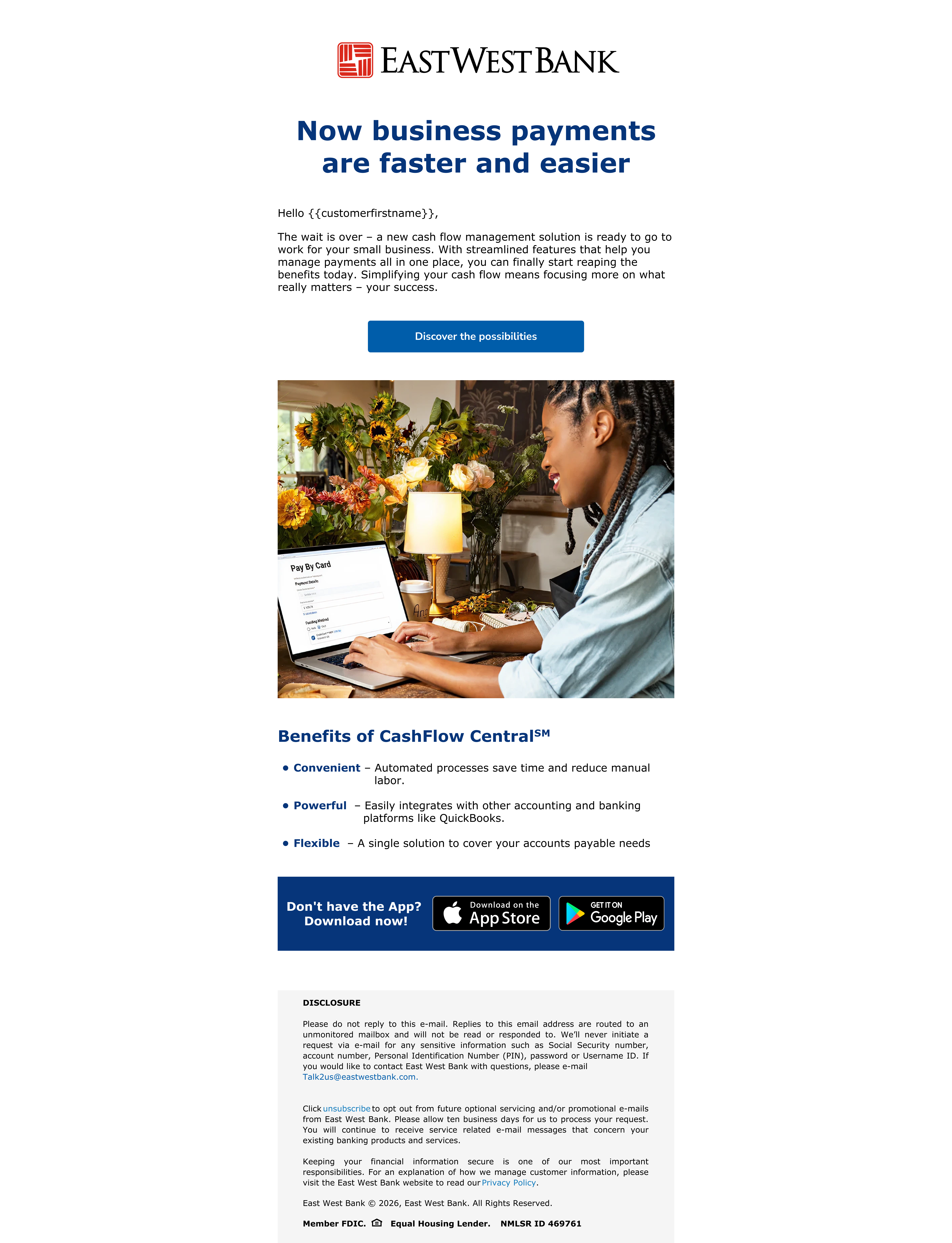 East West Bank CashFlow Central campaign email