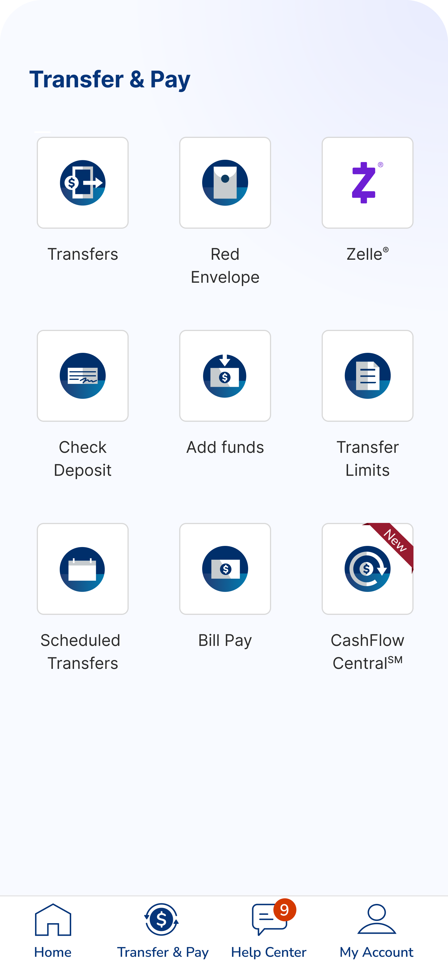 Transfer & Pay screen showing the CashFlow Central entry tile