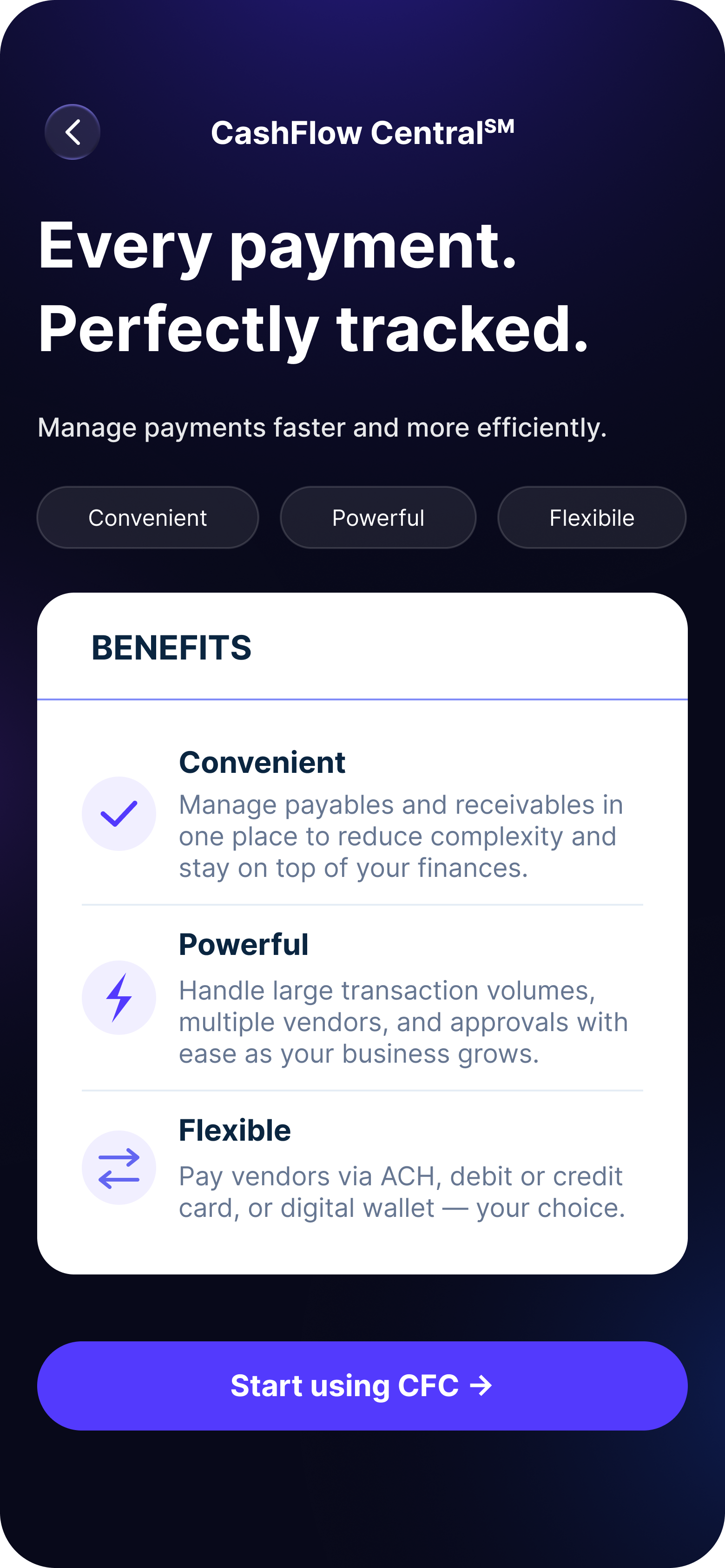CashFlow Central benefits landing — Convenient, Powerful, Flexible