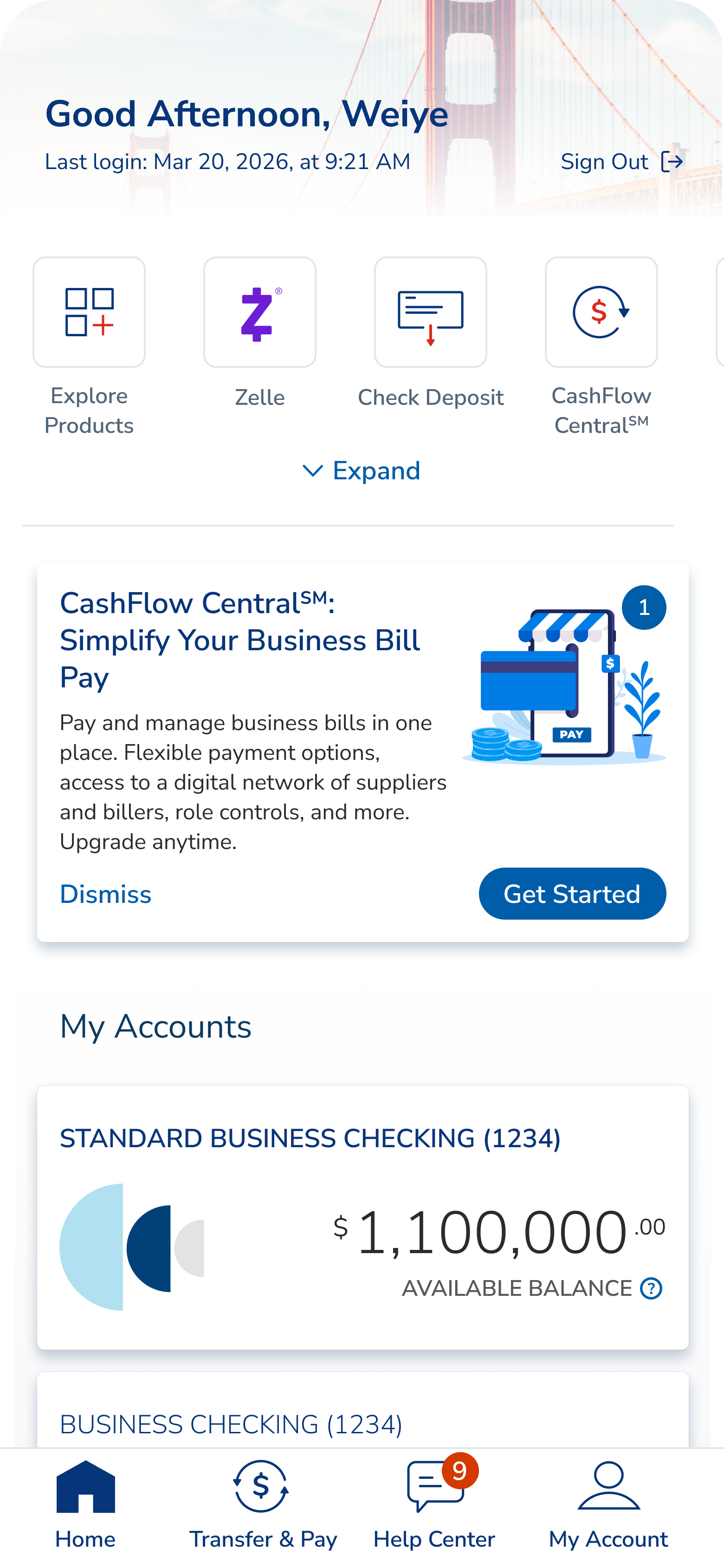 EWB Velo home dashboard with the CashFlow Central promo card