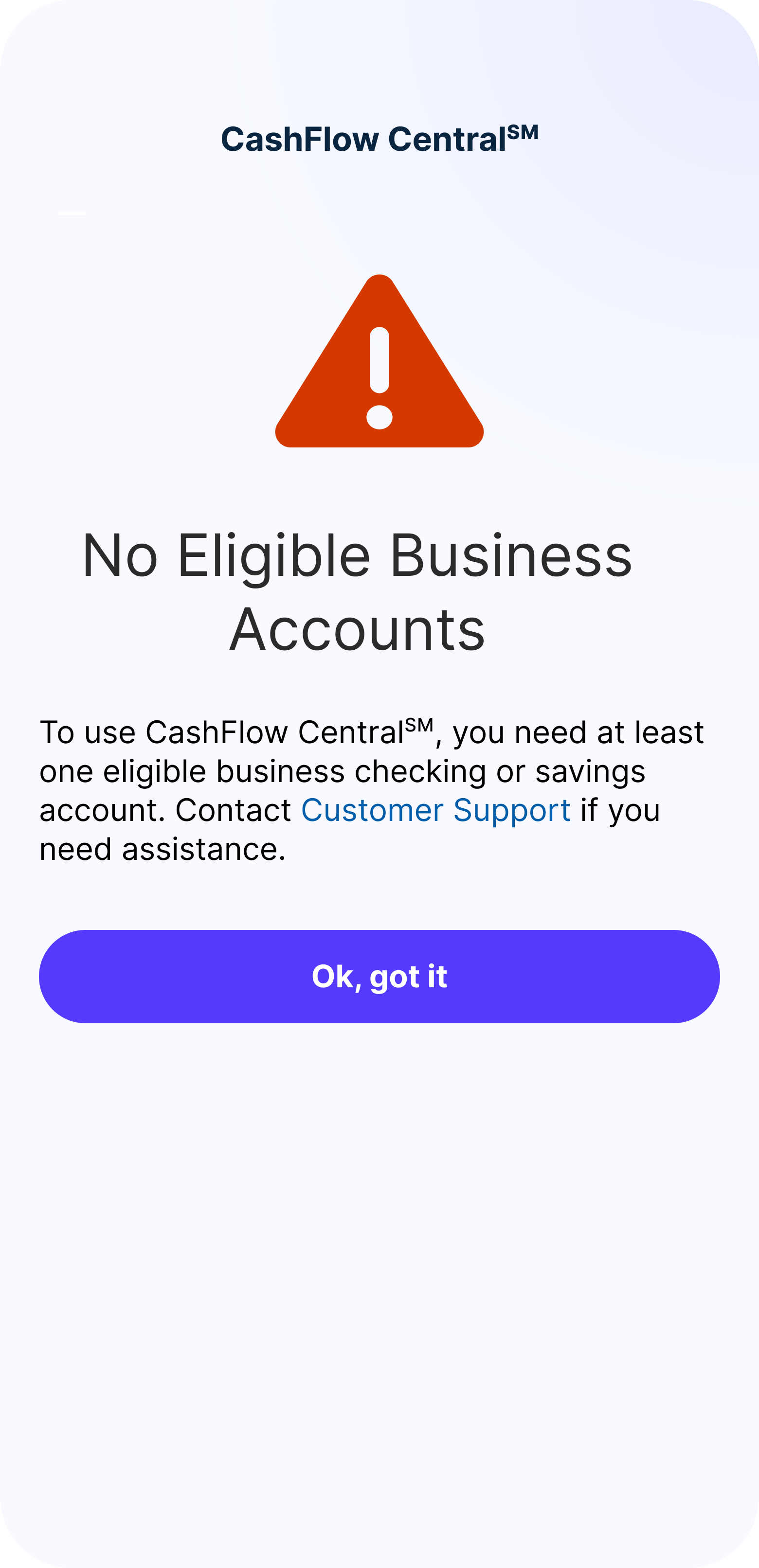 No Eligible Business Accounts screen