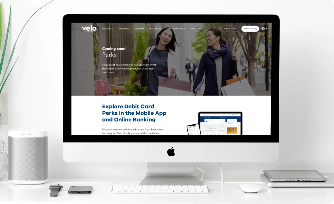 Velo Perks marketing page on iMac